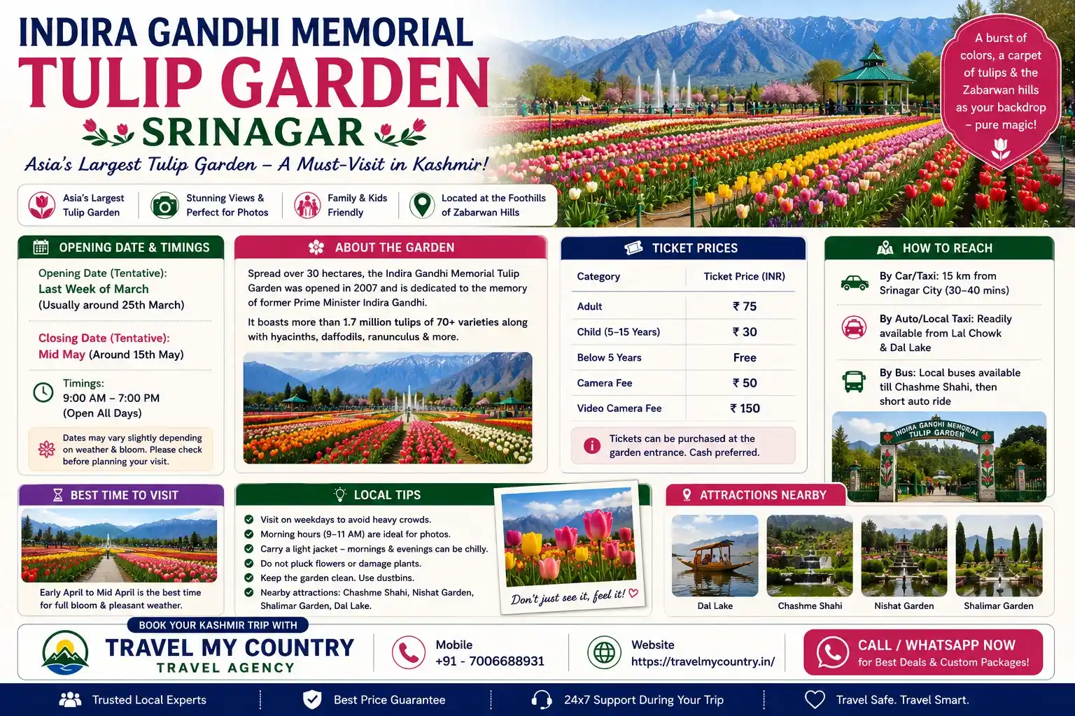 Indira Gandhi Memorial Tulip Garden Srinagar – Opening Date, Tickets & Local Tips
