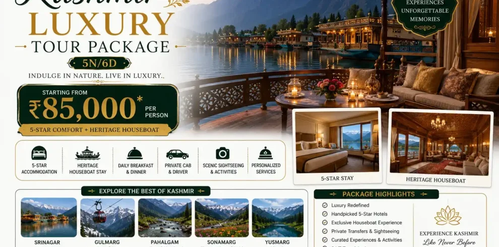 Kashmir Luxury Tour Package- 5N6D from ₹85,000 (5-Star + Heritage Houseboat)