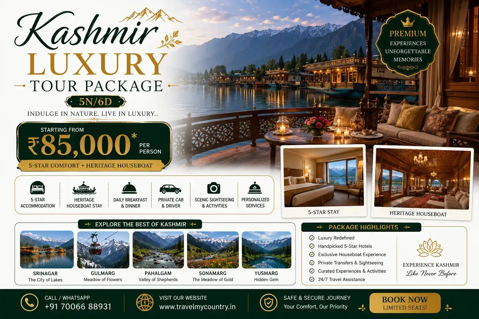 Kashmir Luxury Tour Package- 5N6D from ₹85,000 (5-Star + Heritage Houseboat)