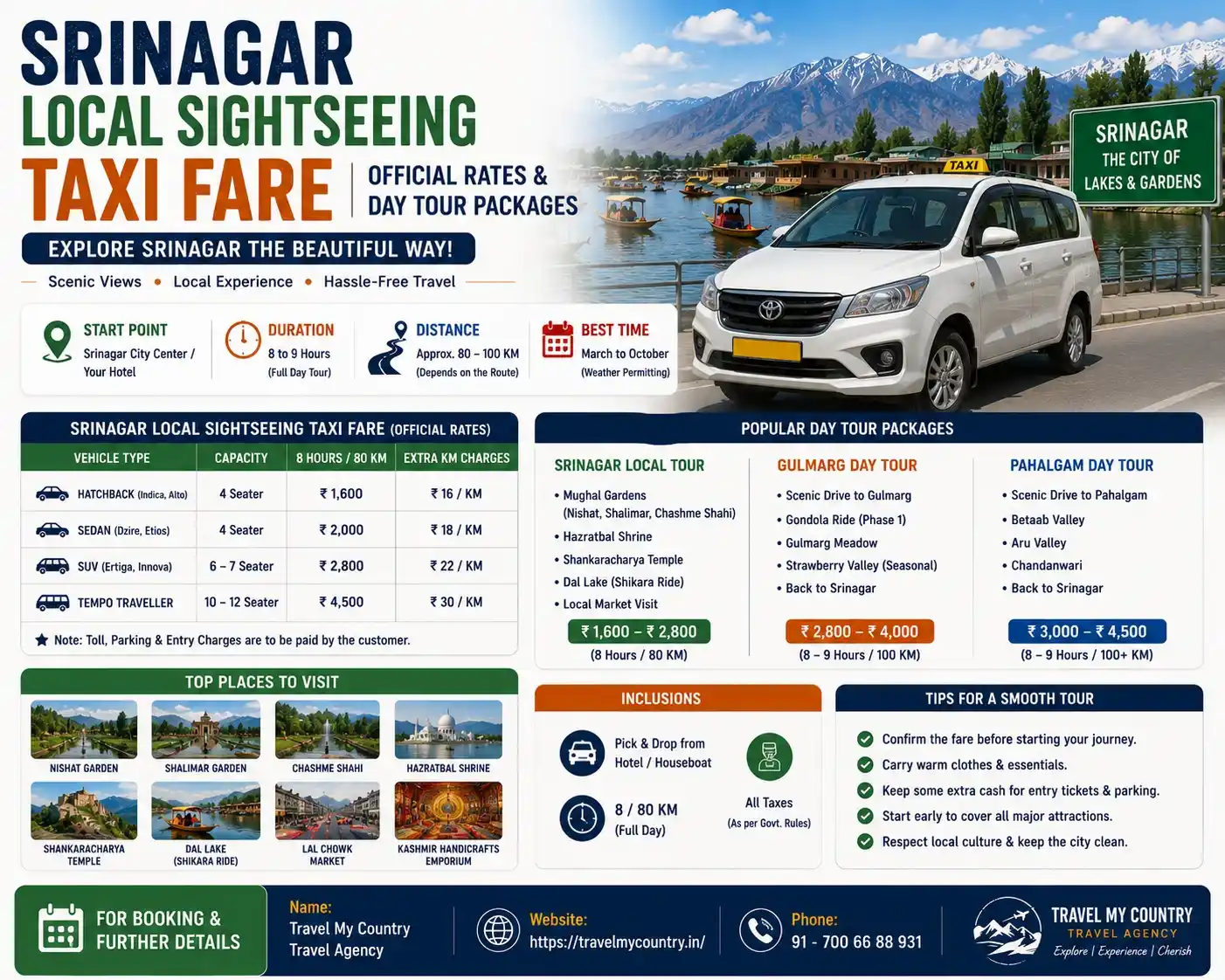 Srinagar Local Sightseeing Taxi Fare Official Rates & Day Tour Packages
